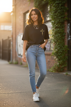 He Is Risen Oversized T-Shirt – Woman Front Outdoor