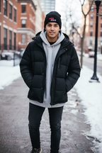 Mann trägt schwarze Follow Jesus Beanie mit rotem Label