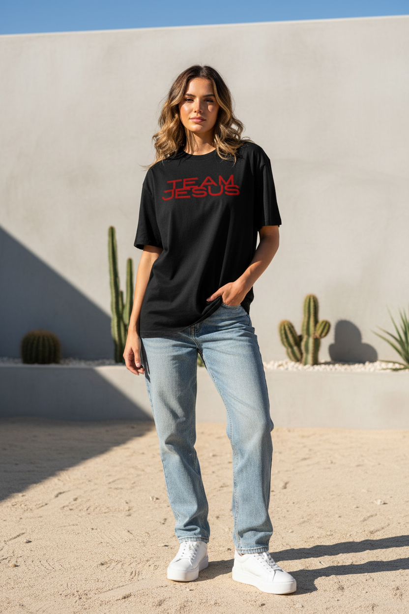 Frau trägt schwarzes Team Jesus Oversized T-Shirt mit rotem Distressed-Print