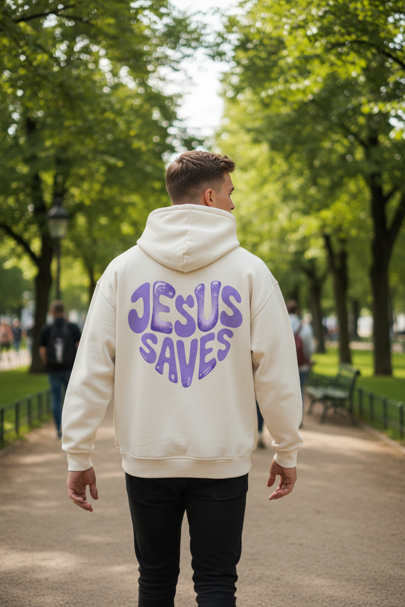 "Mann trägt beige farbenen Jesus Saves Hoodie Back / Front"