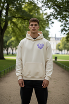 "Mann trägt beige farbenen Jesus Saves Hoodie Front / Back"