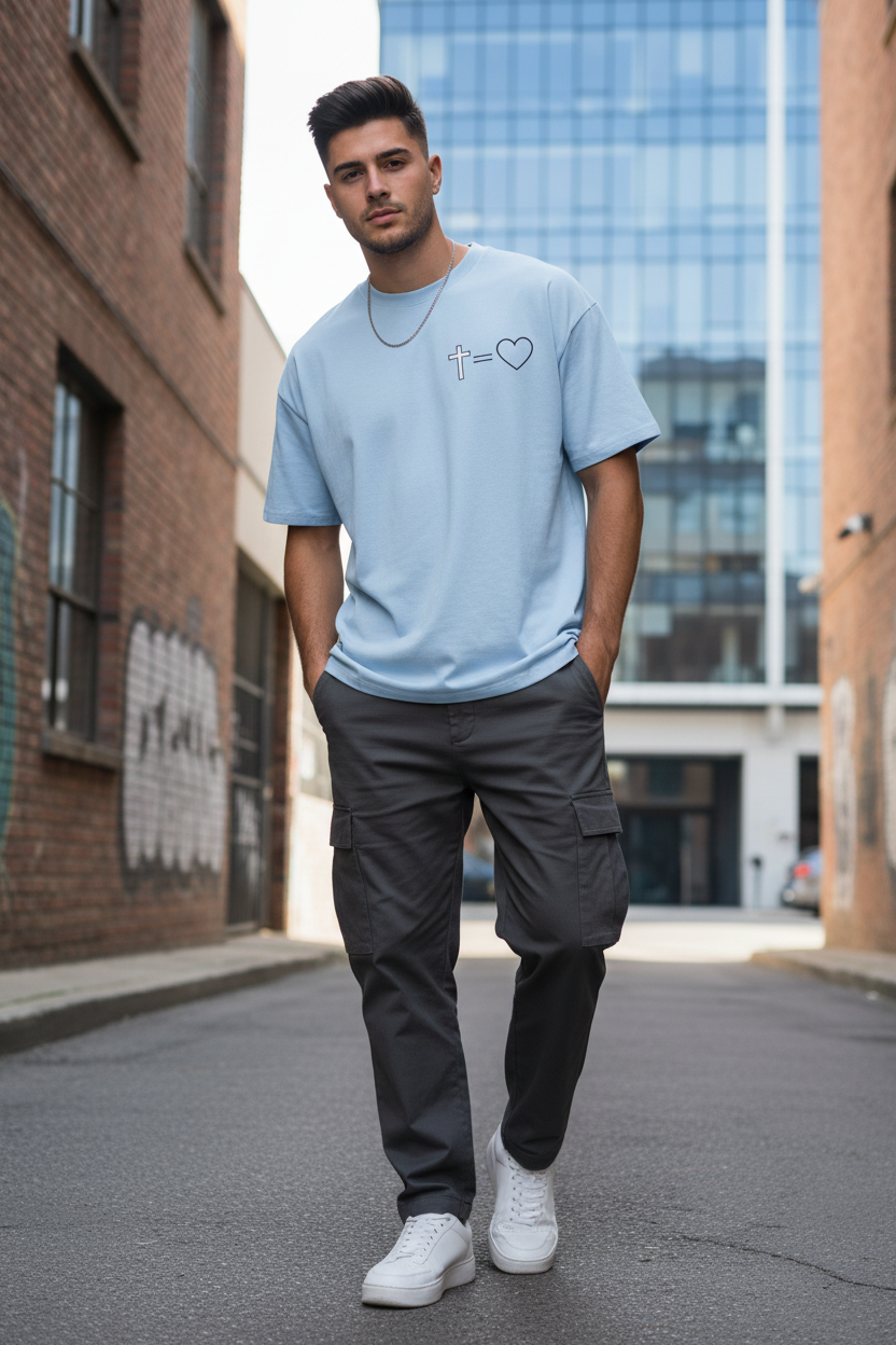 Mann trägt hellblaues Jesus Love Oversized T-Shirt mit Kreuz-Herz-Symbol