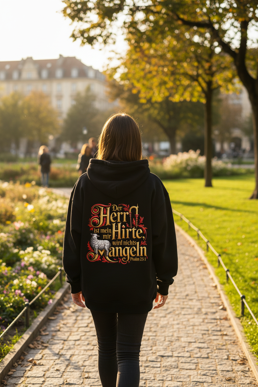 "Frau trägt schwarzen Hoodie Psalm 23:1 Backprint"