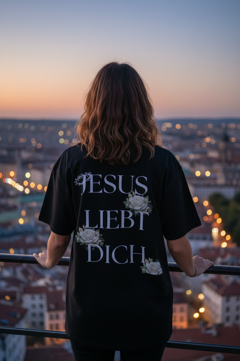 Frau am Aussichtspunkt trägt schwarzes Jesus Liebt Dich Oversized T-Shirt