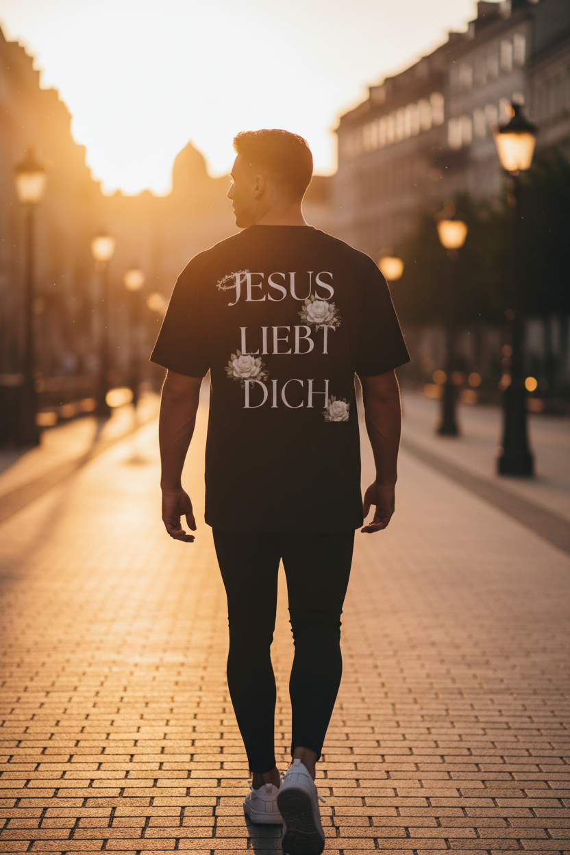 Mann bei Sonnenuntergang trägt schwarzes Jesus Liebt Dich Oversized T-Shirt