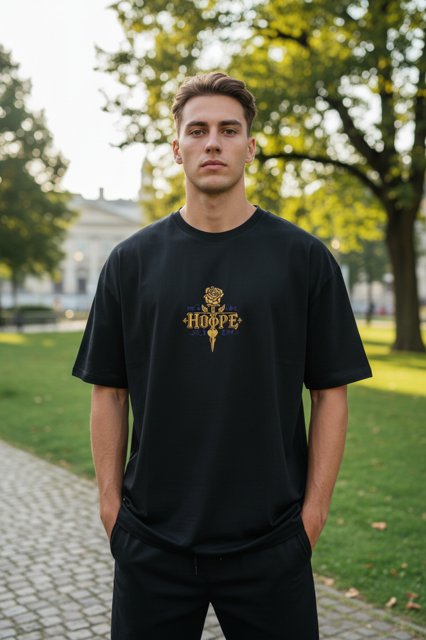Mann trägt schwarzes Hope Oversized T-Shirt mit goldenem Design