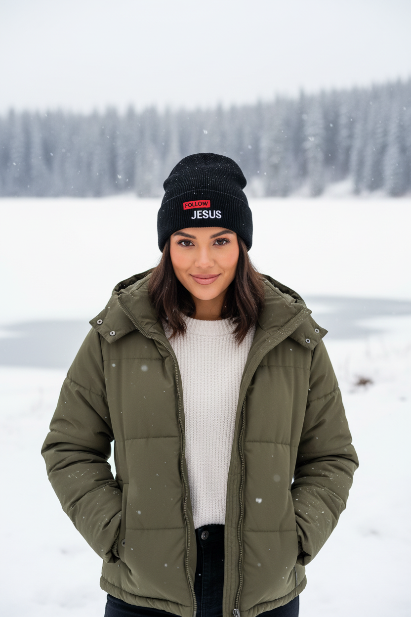 Frau trägt schwarze Follow Jesus Beanie mit rotem Label