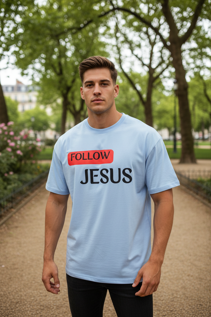 Mann trägt hellblaues Follow Jesus Oversized T-Shirt im Park