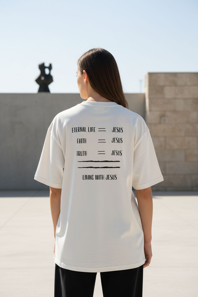 Frau trägt weißes Living With Jesus Oversized T-Shirt mit Backprint Eternal Life Faith Truth