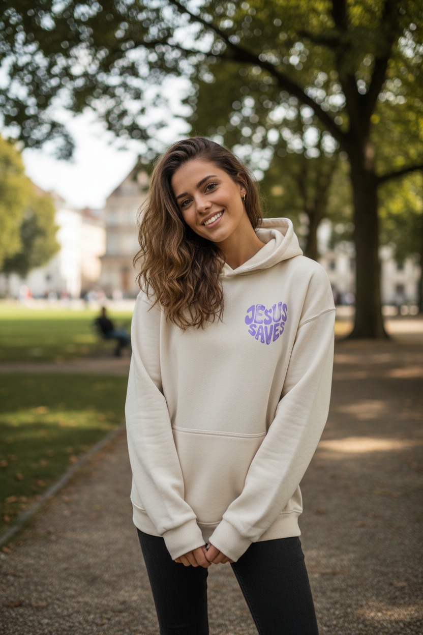 "Frau trägt beige farbenen Jesus Saves Hoodie Front / Back"