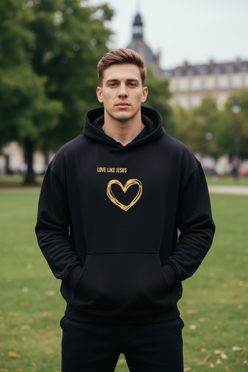 "Mann trägt schwarzen LOVE LIKE JESUS Hoodie"