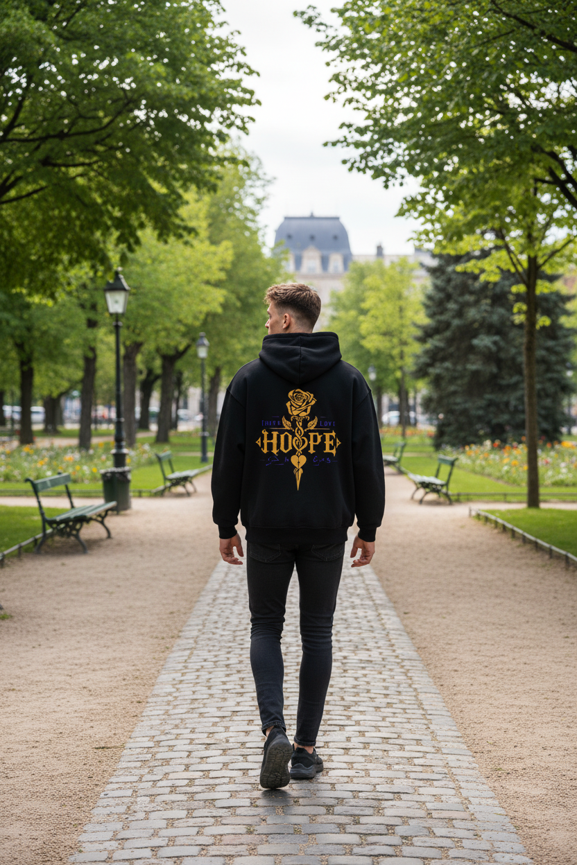 "Mann trägt schwarzen Hope Hoodie Backprint"