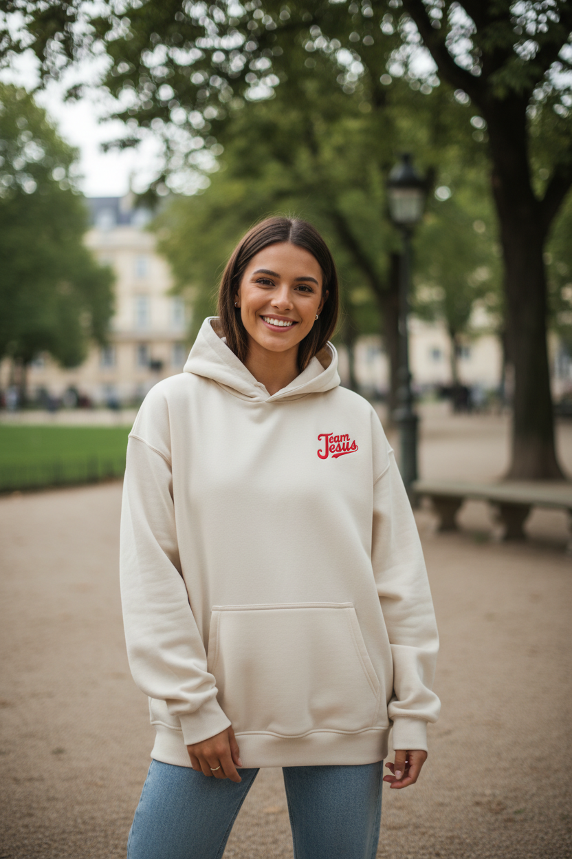 "Frau trägt beige farbenen Hoodie Team Jesus"