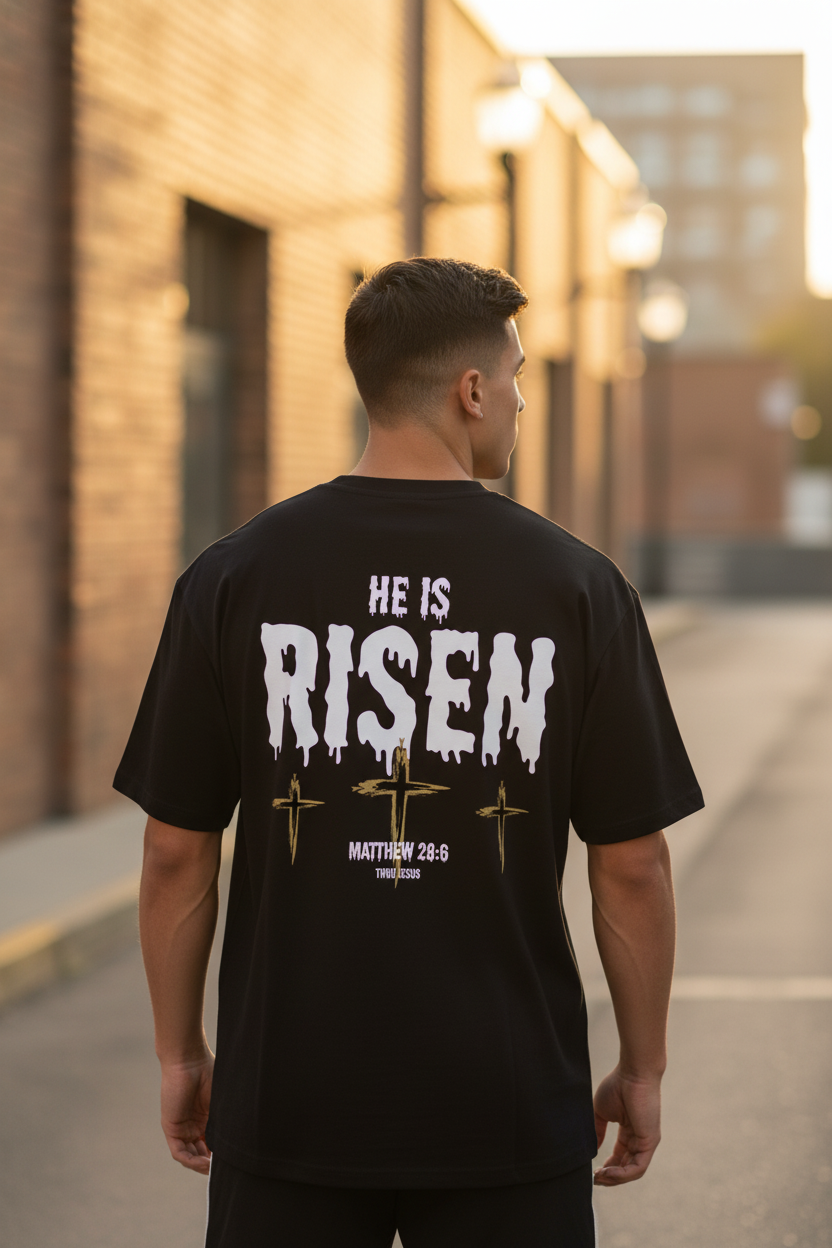 He Is Risen Oversized T-Shirt – Man Back Outdoor