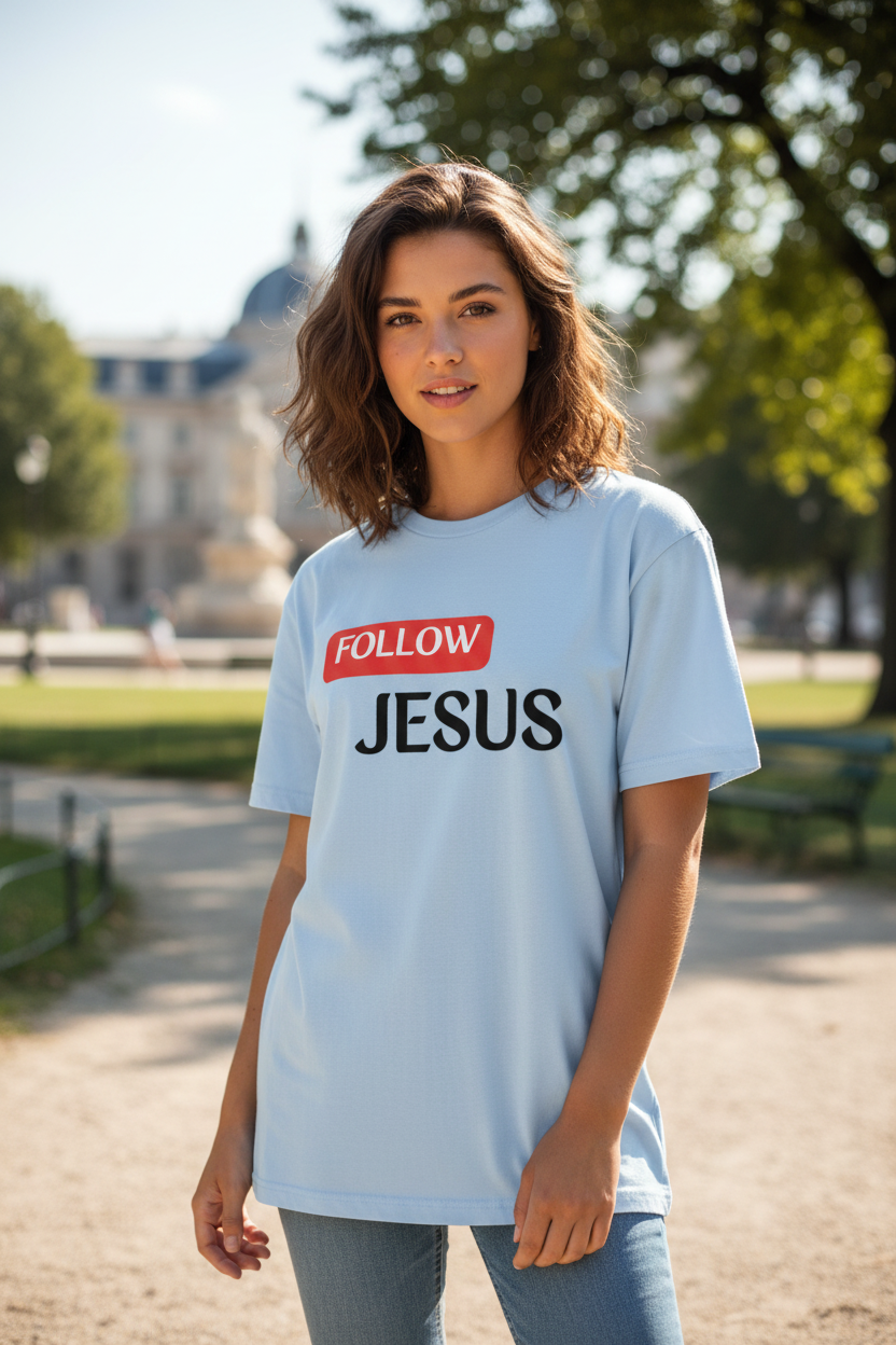 Frau trägt hellblaues Follow Jesus Oversized T-Shirt im Park