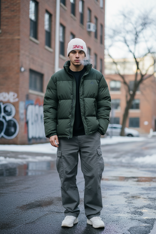 Mann trägt beige Team Jesus Beanie mit rotem Distressed-Print