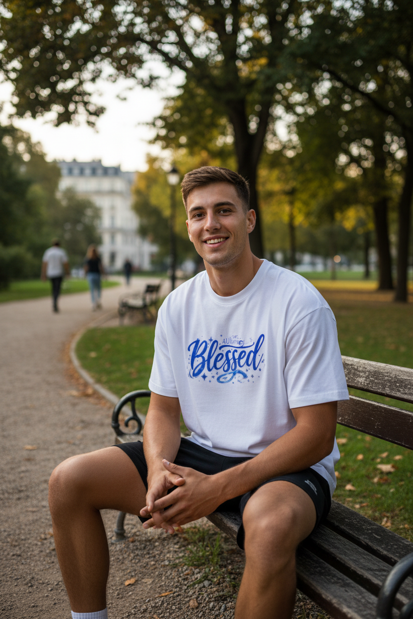 Mann sitzt entspannt auf Parkbank und trägt weißes Blessed Oversized T-Shirt