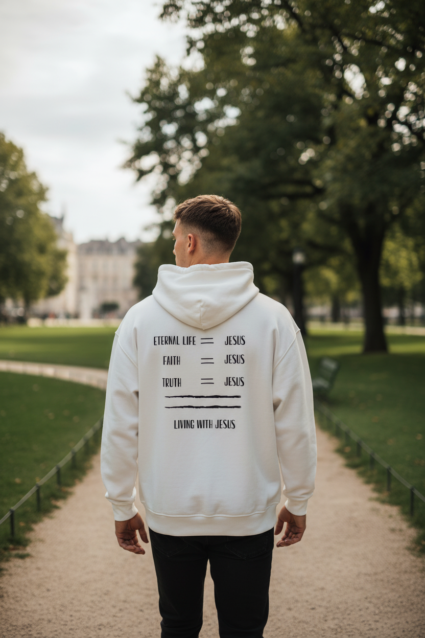 "Mann trägt weißen LIVING WITH JESUS Hoodie Backprint"
 