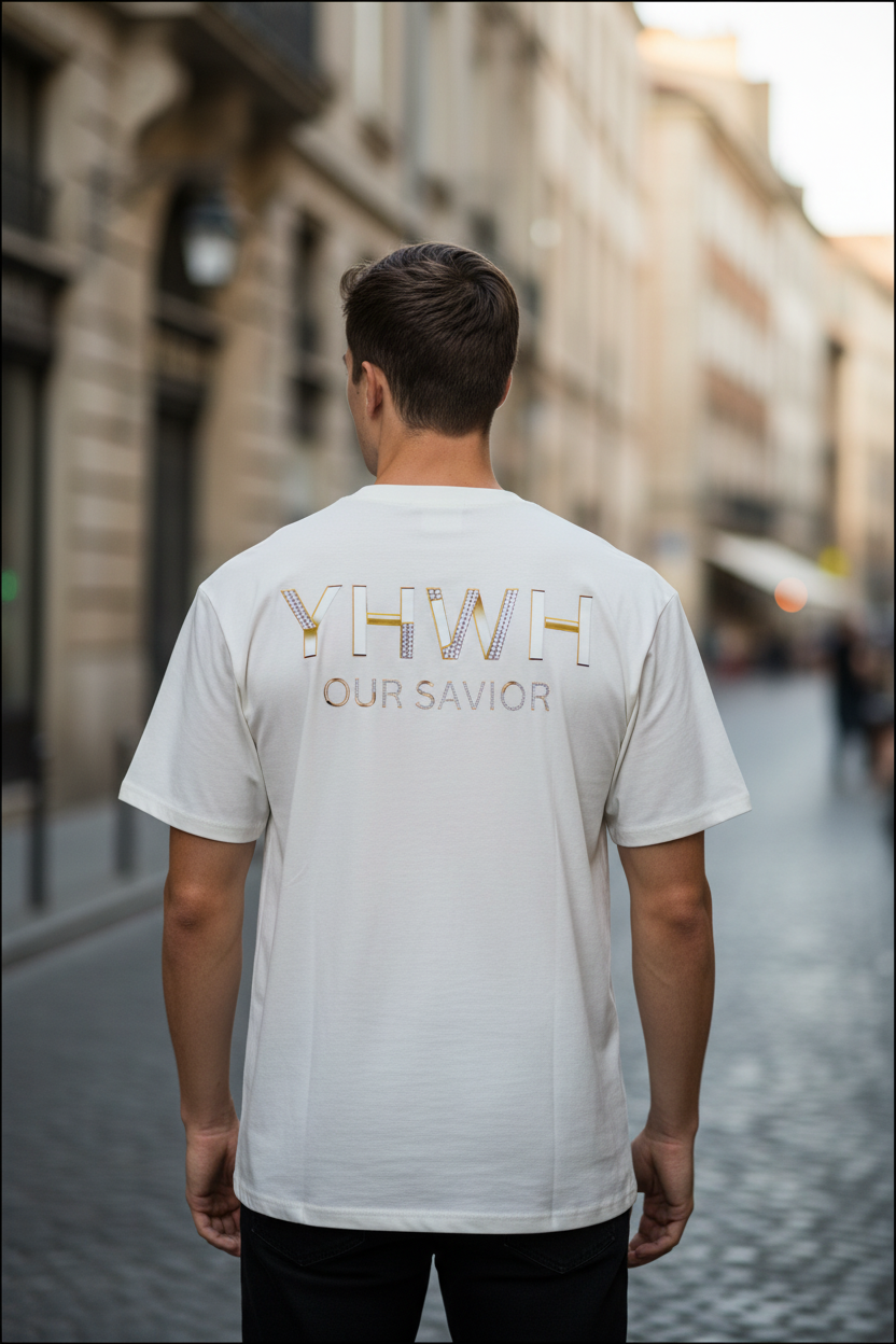 Mann trägt weißes YHWH Our Savior Oversized T-Shirt