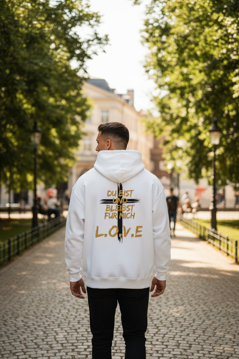 "Mann trägt weißen Du bist.. Love... Hoodie Backprint"