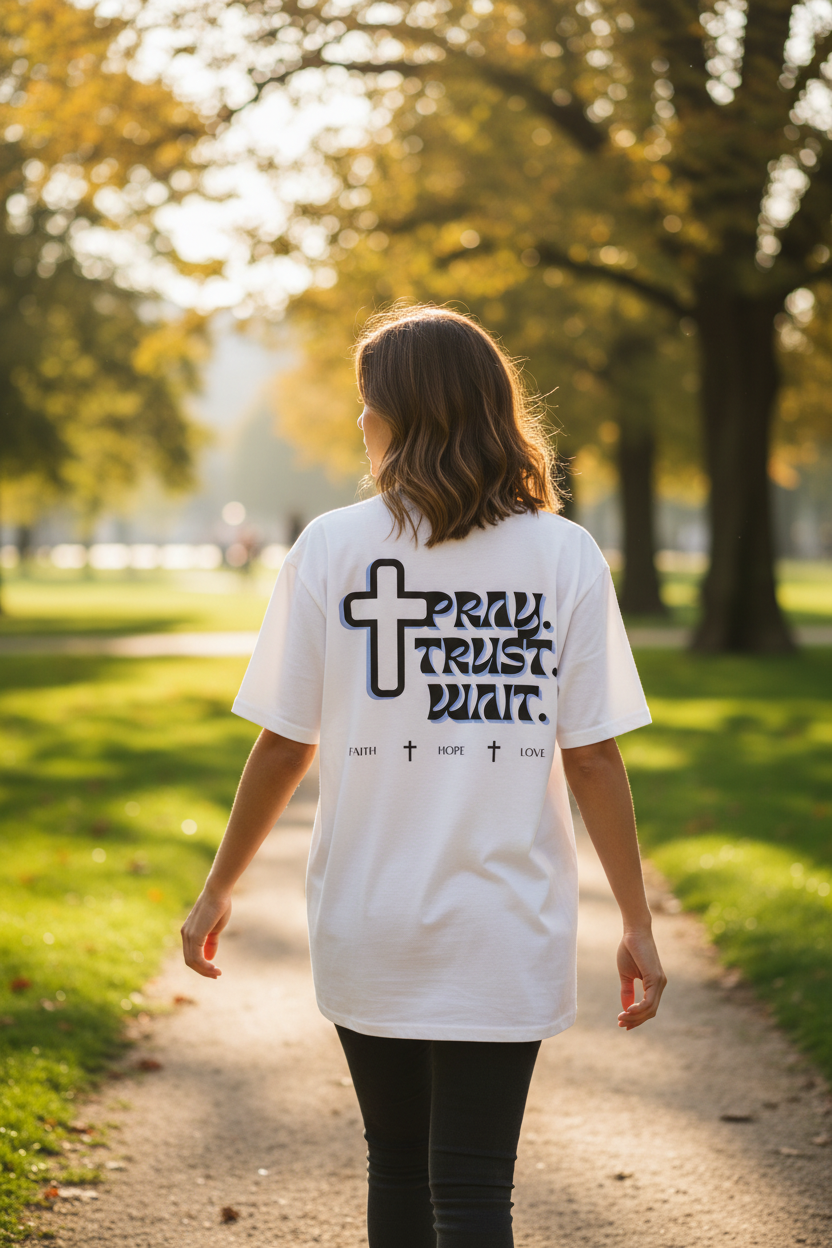 Frau trägt weißes Pray Trust Wait Oversized T-Shirt mit Kreuz