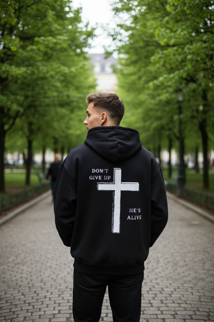 "Mann trägt schwarzen DON'T GIVE UP Hoodie Backprint"