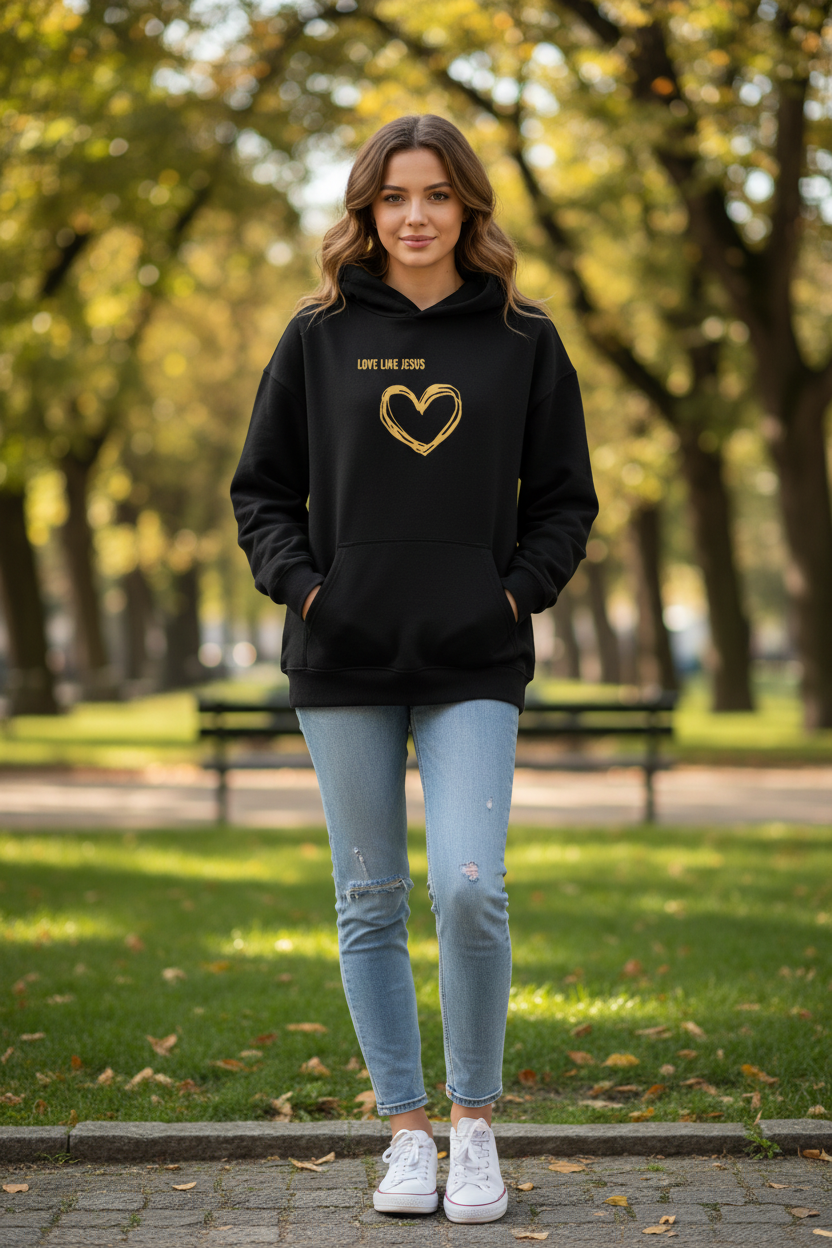 "Frau trägt schwarzen LOVE LIKE JESUS Hoodie"