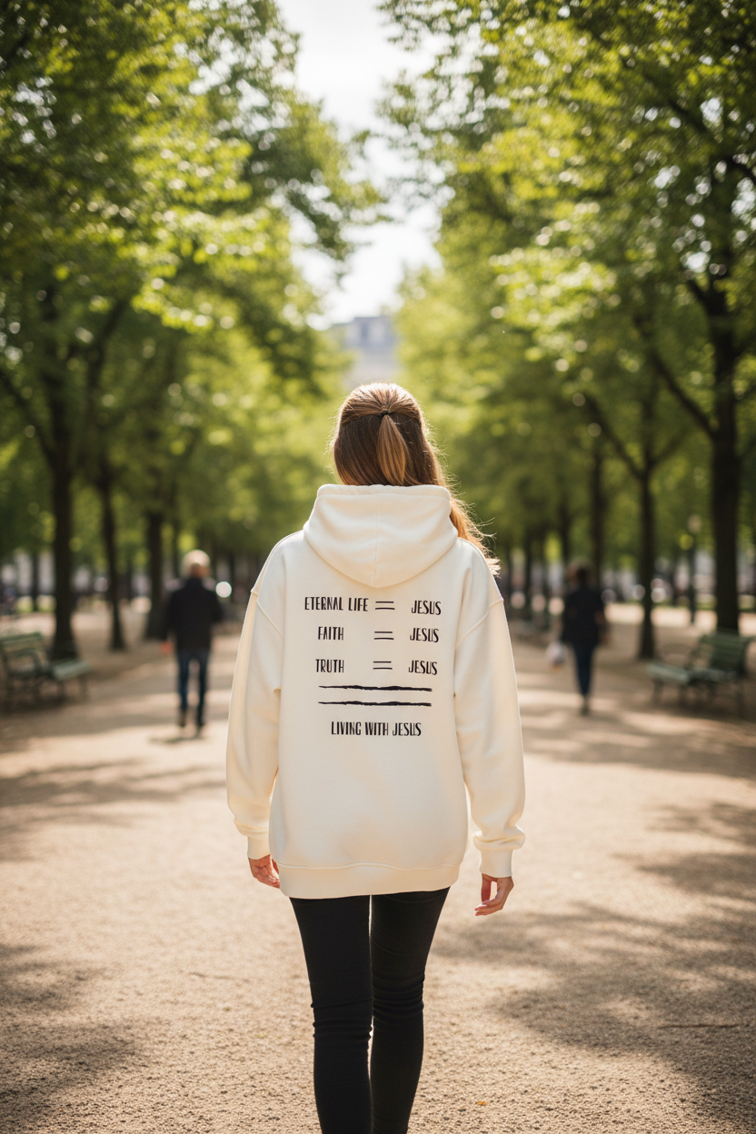 "Frau trägt weißen LIVING WITH JESUS Hoodie Backprint"