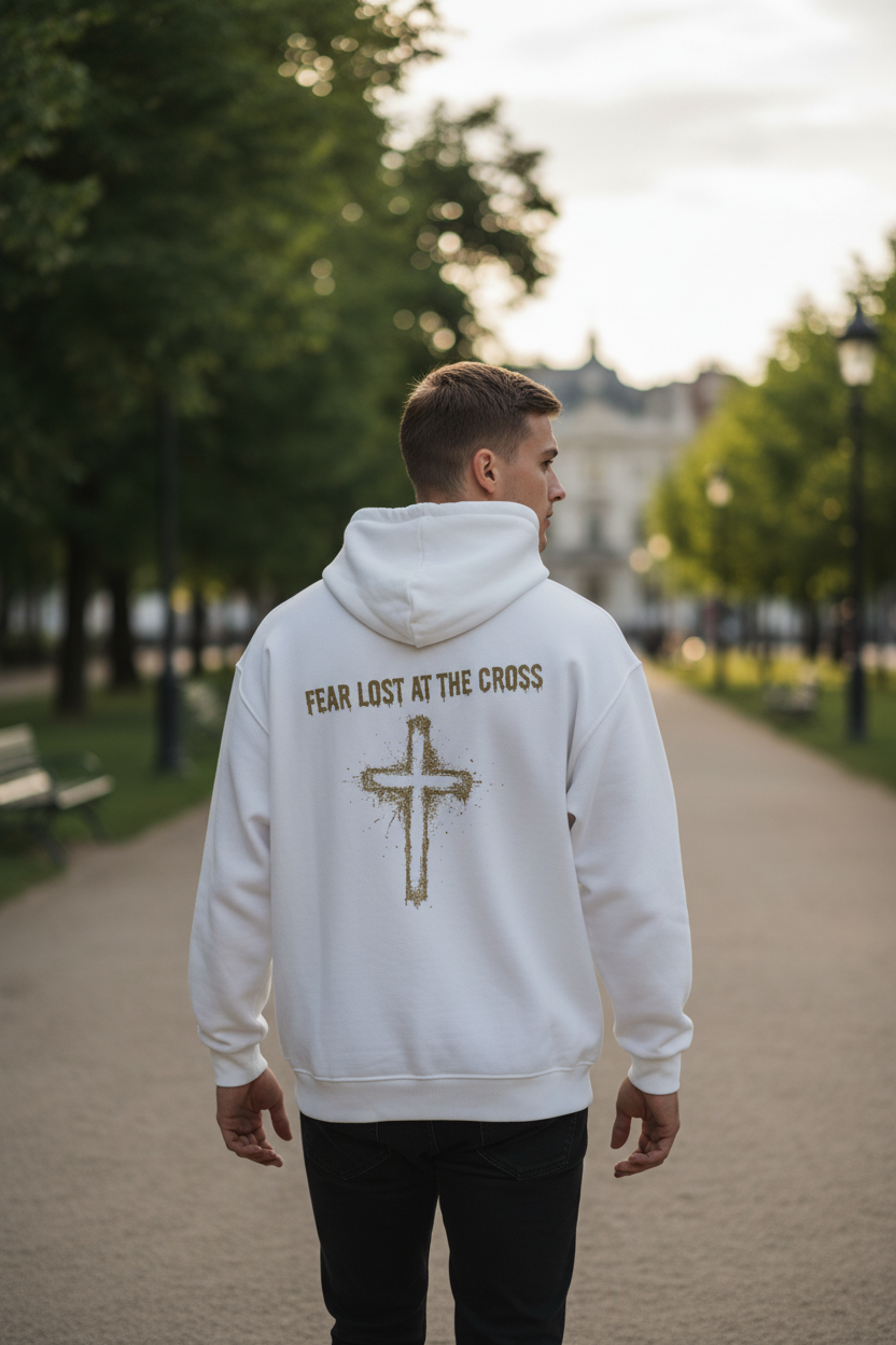 "Mann trägt weißen FEAR LOST AT THE CROSS Hoodie"